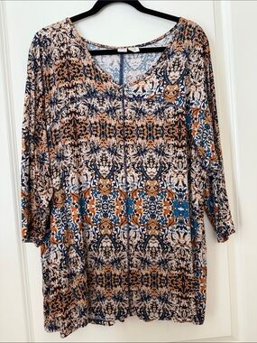 Women’s Patterned V-Neck Tunic Top - Navy & Rust size 2X